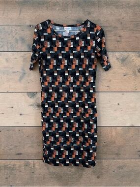 LuLaRoe Black/ Orange Geometric Pattern Stretch Midi Dress